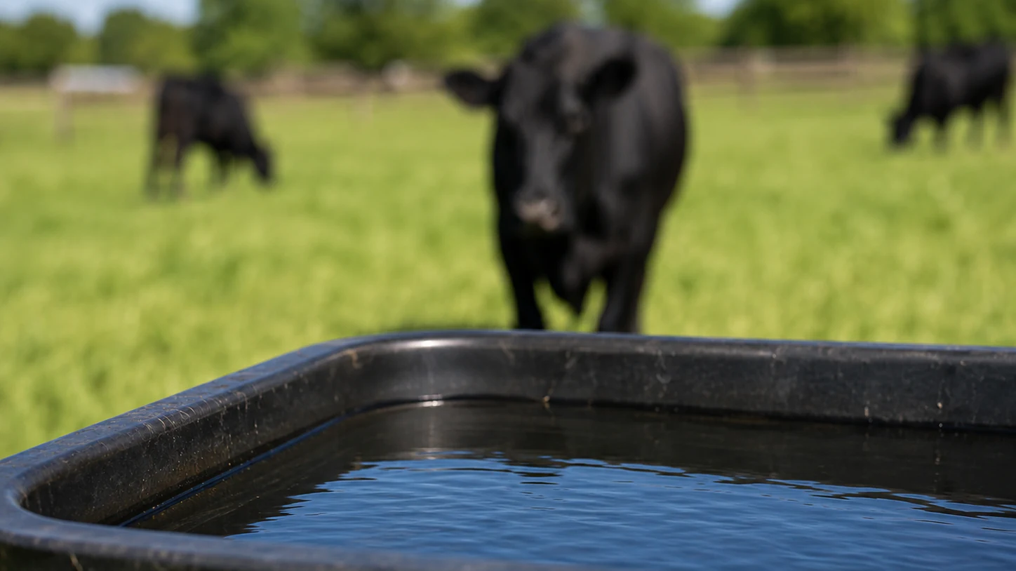 Schwarzangus-Rinder weiden hinter einem vollen Wassertrog auf der Masami Ranch