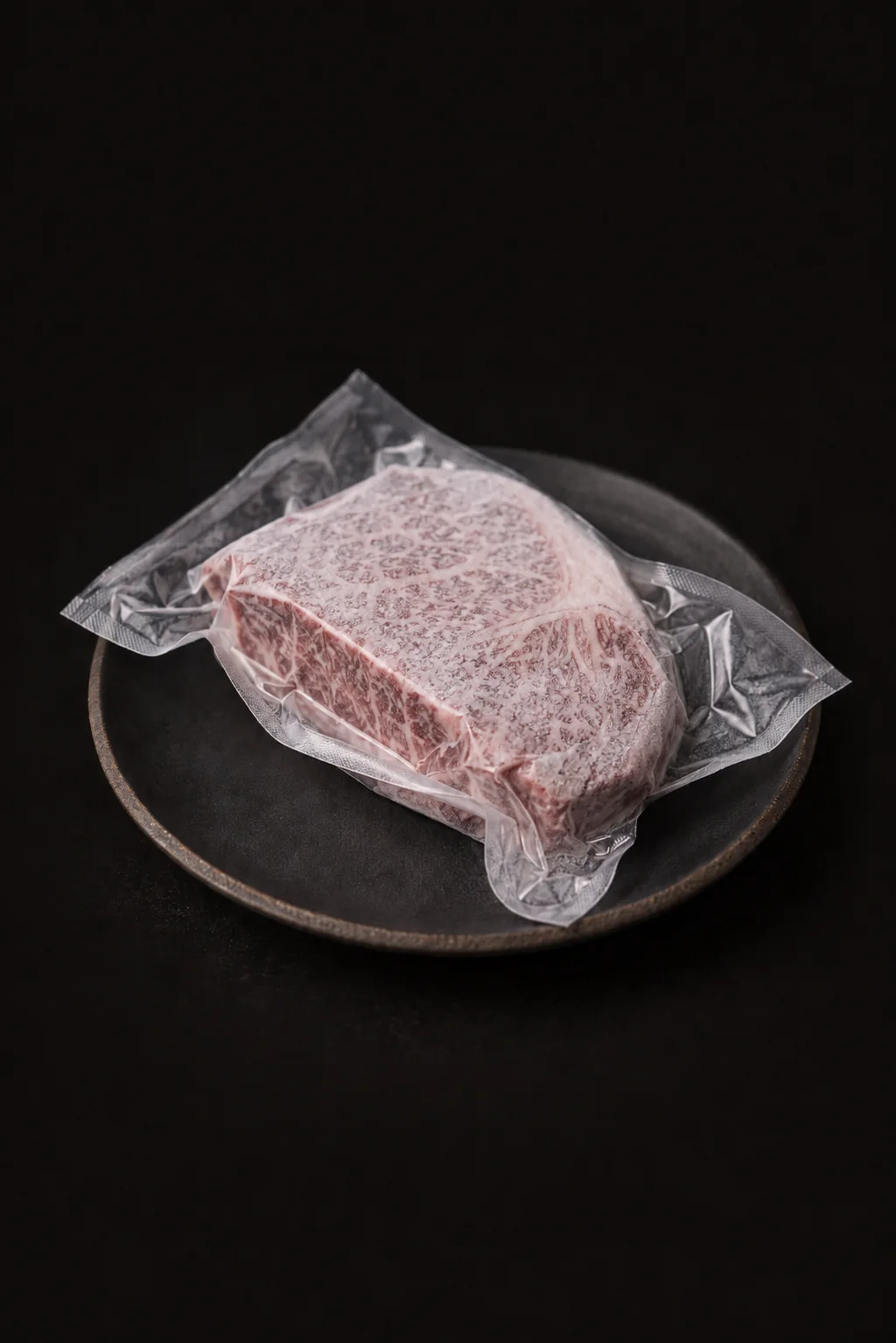 A Kangen Wagyu cut vacuum-sealed and frozen, on a stoneware plate
